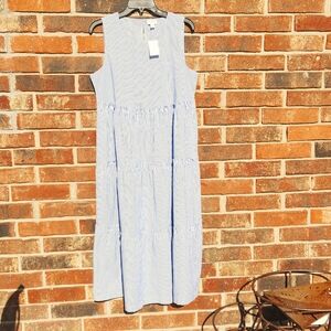NWT J Crew Blue and White Sleeveless Tiered Midi Dress